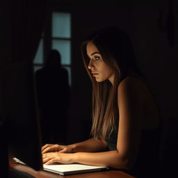 A beautiful woman, a writer, sits at her work desk with a computer, partially in profile and deep in concentration