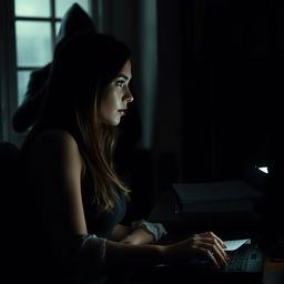 A beautiful woman, a writer, sits at her work desk with a computer, partially in profile and deep in concentration