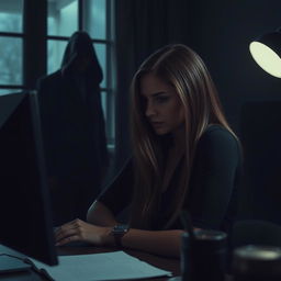 A beautiful woman, a writer, sits at her work desk with a computer, partially in profile and deep in concentration