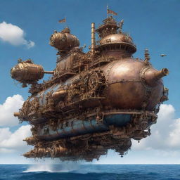 A robust mechanicpunk tanker, built with intricate mechanical gears, pistons, and cogs, voyaging through a sapphire sea under a sky filled with flying, gear-operated flying machines.