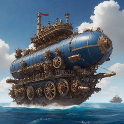 A robust mechanicpunk tanker, built with intricate mechanical gears, pistons, and cogs, voyaging through a sapphire sea under a sky filled with flying, gear-operated flying machines.