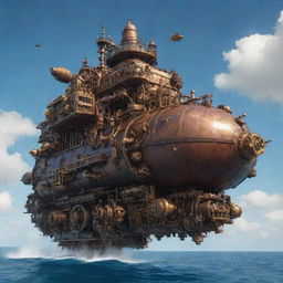 A robust mechanicpunk tanker, built with intricate mechanical gears, pistons, and cogs, voyaging through a sapphire sea under a sky filled with flying, gear-operated flying machines.