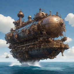 A robust mechanicpunk tanker, built with intricate mechanical gears, pistons, and cogs, voyaging through a sapphire sea under a sky filled with flying, gear-operated flying machines.