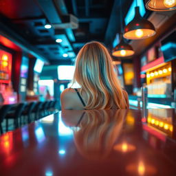 A blonde teen seen from behind a sleek bar counter, creating an intriguing perspective