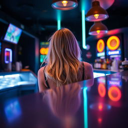 A blonde teen seen from behind a sleek bar counter, creating an intriguing perspective