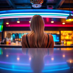 A blonde teen seen from behind a sleek bar counter, creating an intriguing perspective