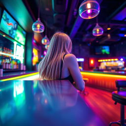 A blonde teen seen from behind a sleek bar counter, creating an intriguing perspective