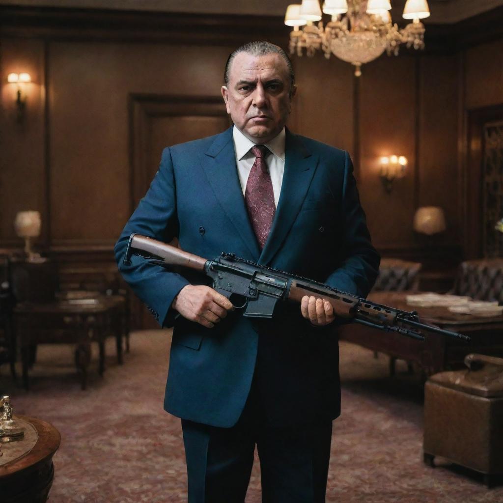 A menacing mafia boss carrying an assault rifle, surrounded by the trappings of power in a lavishly furnished office.