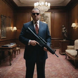 A menacing mafia boss carrying an assault rifle, surrounded by the trappings of power in a lavishly furnished office.