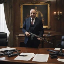 A menacing mafia boss carrying an assault rifle, surrounded by the trappings of power in a lavishly furnished office.