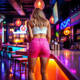 A blonde teen seen from behind at a bar counter, wearing pink hotpants and a white top, bending over in a playful manner