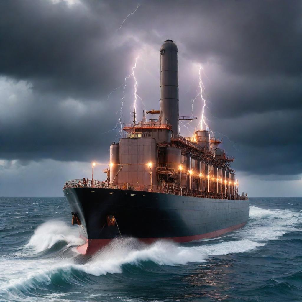 An electrifying teslapunk tanker, garnished with imposing Tesla coils, crackling energy arcs, and electric ring frameworks, sailing through an energized sea under a stormy, lightning-charged sky.