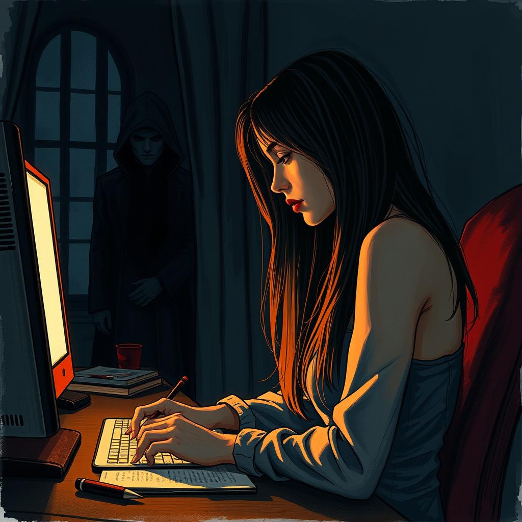 A stunning and beautiful woman, the writer, is sitting at her work desk with a computer, captured in a partially profile view, deeply focused on her writing