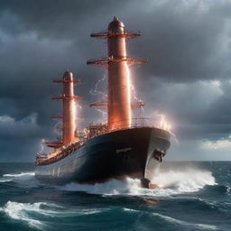 An electrifying teslapunk tanker, garnished with imposing Tesla coils, crackling energy arcs, and electric ring frameworks, sailing through an energized sea under a stormy, lightning-charged sky.