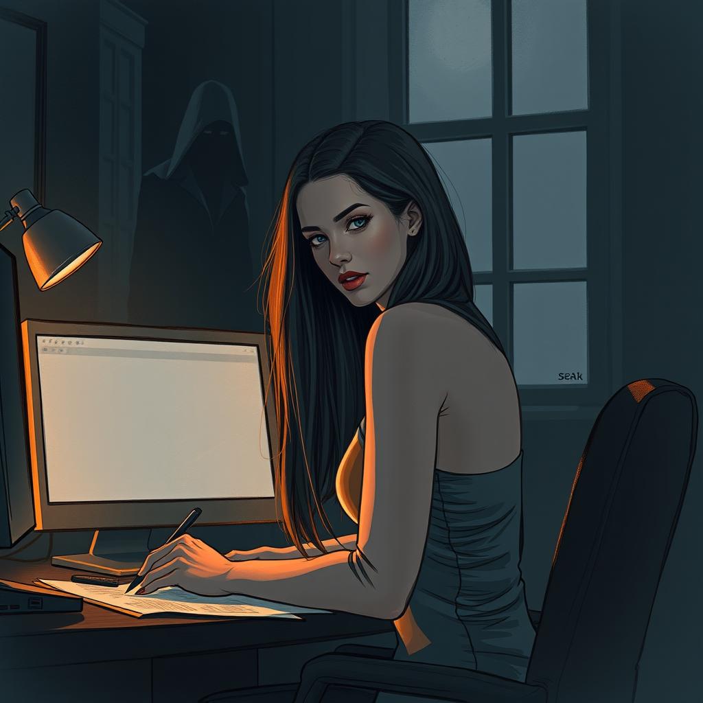 A stunning and beautiful woman, the writer, is sitting at her work desk with a computer, captured in a partially profile view, deeply focused on her writing