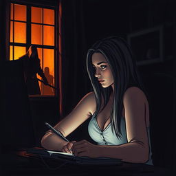 A stunning and beautiful woman, the writer, is sitting at her work desk with a computer, captured in a partially profile view, deeply focused on her writing