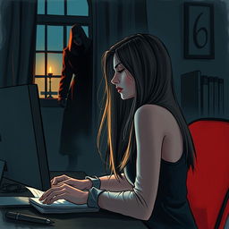 A stunning and beautiful woman, the writer, is sitting at her work desk with a computer, captured in a partially profile view, deeply focused on her writing