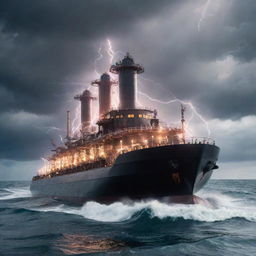 An electrifying teslapunk tanker, garnished with imposing Tesla coils, crackling energy arcs, and electric ring frameworks, sailing through an energized sea under a stormy, lightning-charged sky.