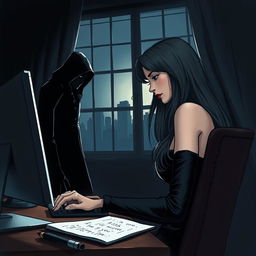 A beautiful and captivating woman, the writer, is seated at her work desk in front of a computer, shown in a partially profile view, deeply engrossed in her writing