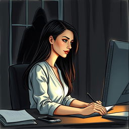 A beautiful and captivating woman, the writer, is seated at her work desk in front of a computer, shown in a partially profile view, deeply engrossed in her writing