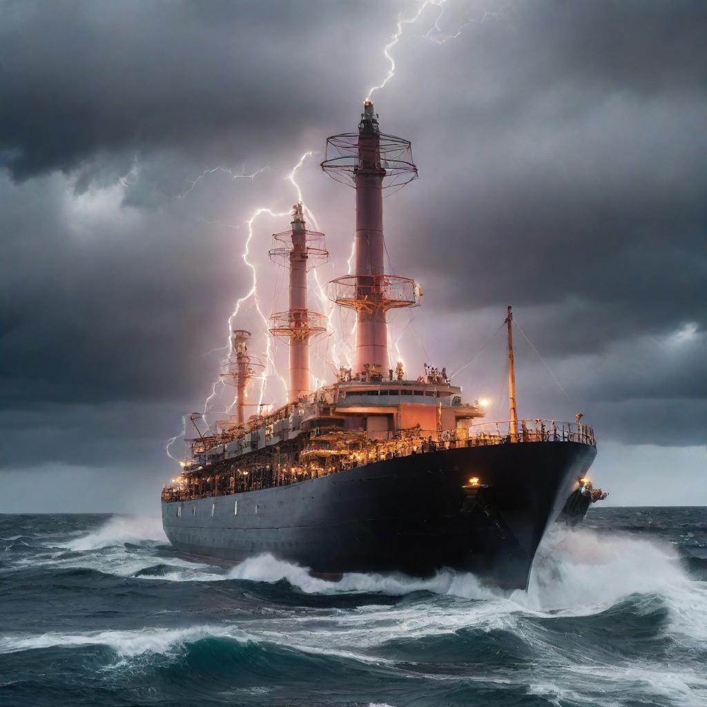 An electrifying teslapunk tanker, garnished with imposing Tesla coils, crackling energy arcs, and electric ring frameworks, sailing through an energized sea under a stormy, lightning-charged sky.