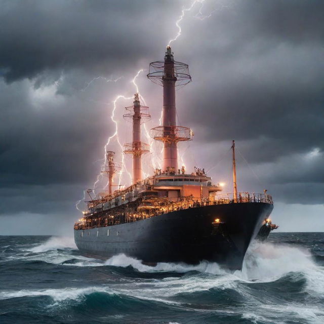 An electrifying teslapunk tanker, garnished with imposing Tesla coils, crackling energy arcs, and electric ring frameworks, sailing through an energized sea under a stormy, lightning-charged sky.