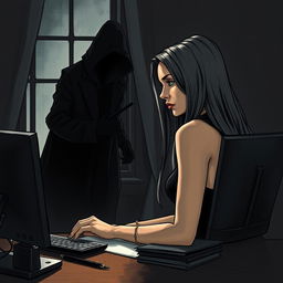 A strikingly beautiful woman, the writer, is depicted sitting at her work desk with a computer, seen in a partially profile view, intently focused on her writing