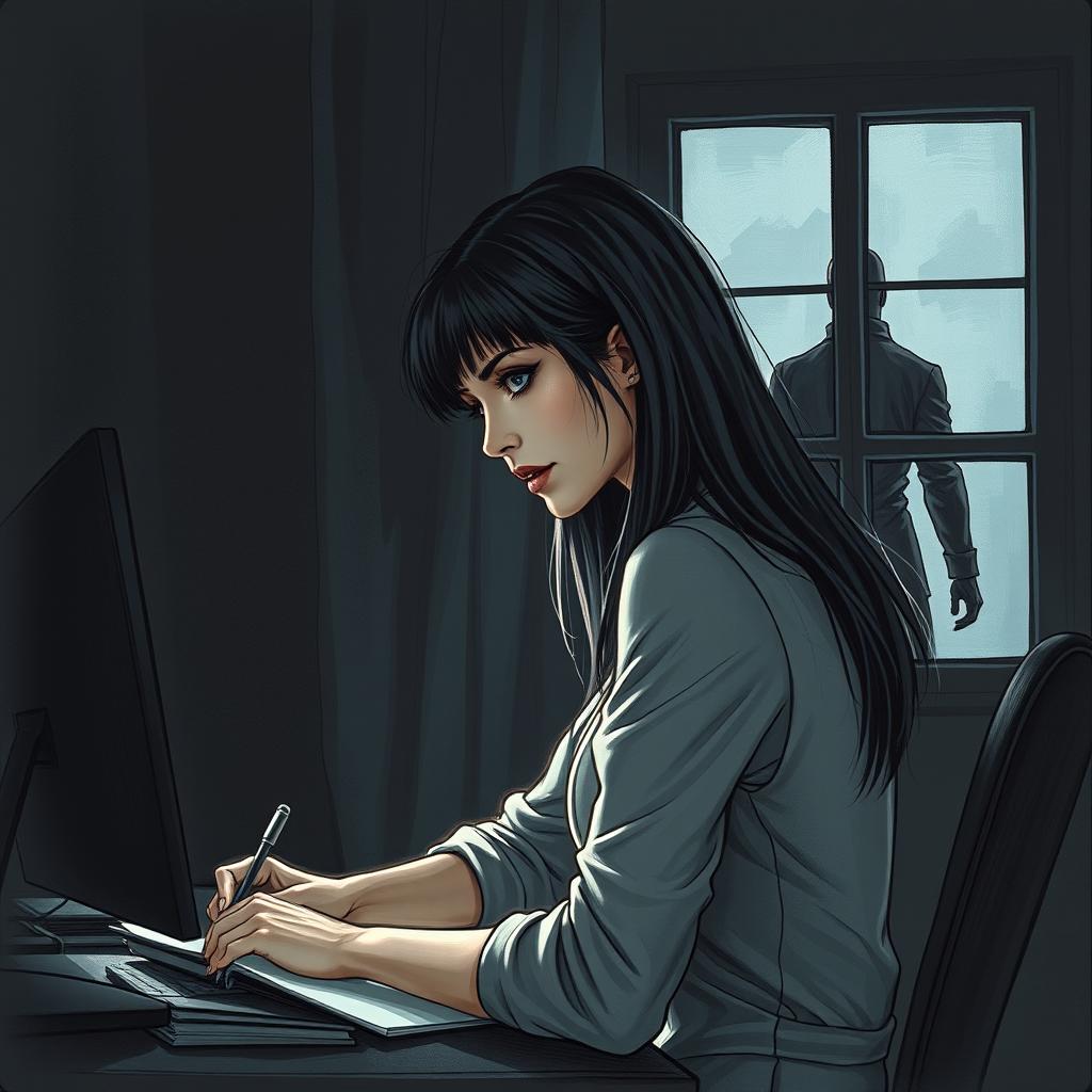 A strikingly beautiful woman, the writer, is depicted sitting at her work desk with a computer, seen in a partially profile view, intently focused on her writing