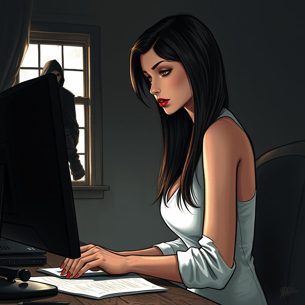 A strikingly beautiful woman, the writer, is depicted sitting at her work desk with a computer, seen in a partially profile view, intently focused on her writing