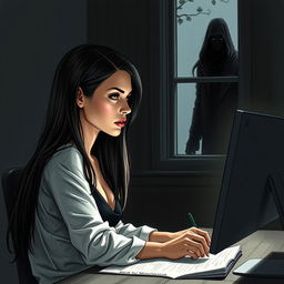 A strikingly beautiful woman, the writer, is depicted sitting at her work desk with a computer, seen in a partially profile view, intently focused on her writing