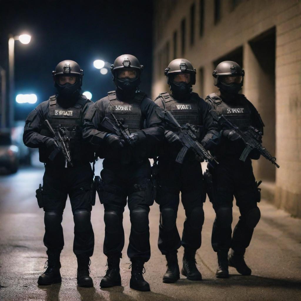 A well-equipped SWAT team in tactical gear, readying for a mission in a dimly-lit urban environment.