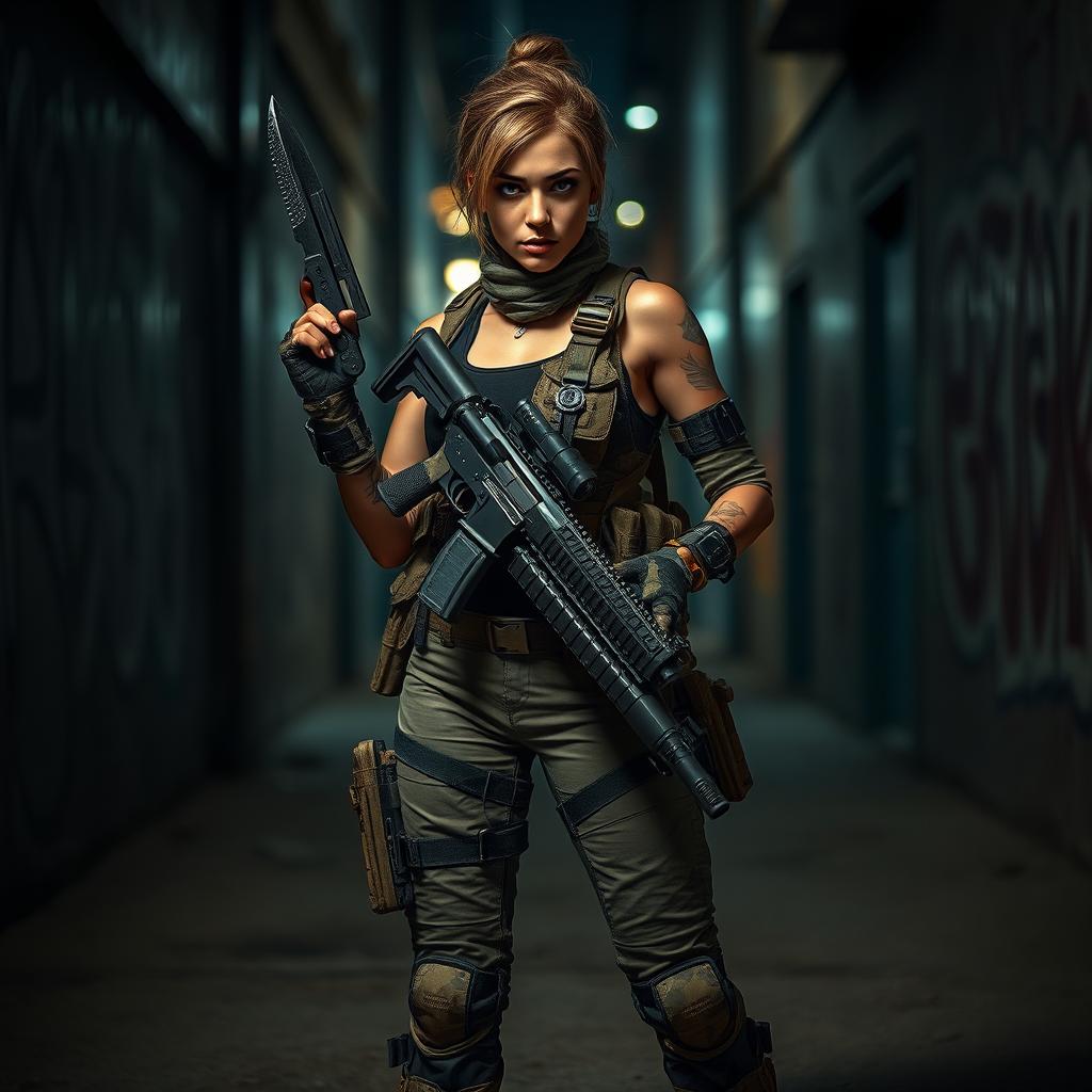 A fierce armed mercenary woman standing confidently in a gritty urban environment, clad in tactical gear including a fitted camouflage outfit, combat boots, and a utility belt filled with various weapons