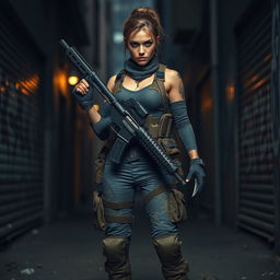 A fierce armed mercenary woman standing confidently in a gritty urban environment, clad in tactical gear including a fitted camouflage outfit, combat boots, and a utility belt filled with various weapons