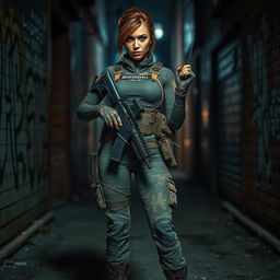 A fierce armed mercenary woman standing confidently in a gritty urban environment, clad in tactical gear including a fitted camouflage outfit, combat boots, and a utility belt filled with various weapons