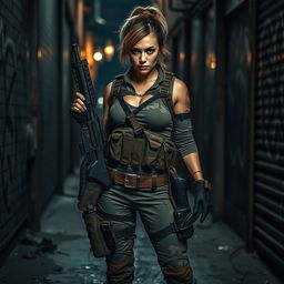 A fierce armed mercenary woman standing confidently in a gritty urban environment, clad in tactical gear including a fitted camouflage outfit, combat boots, and a utility belt filled with various weapons