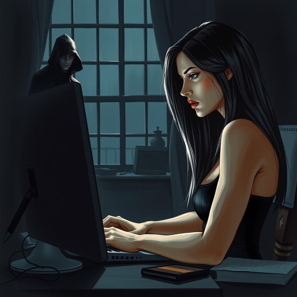 A beautiful woman, the writer, is seated at her work desk with a computer, depicted in a partially profile view, intensely focused on her work