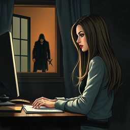 A beautiful woman, the writer, is seated at her work desk with a computer, depicted in a partially profile view, intensely focused on her work