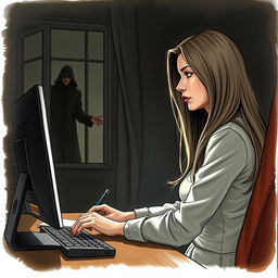 A beautiful woman, the writer, is seated at her work desk with a computer, depicted in a partially profile view, intensely focused on her work