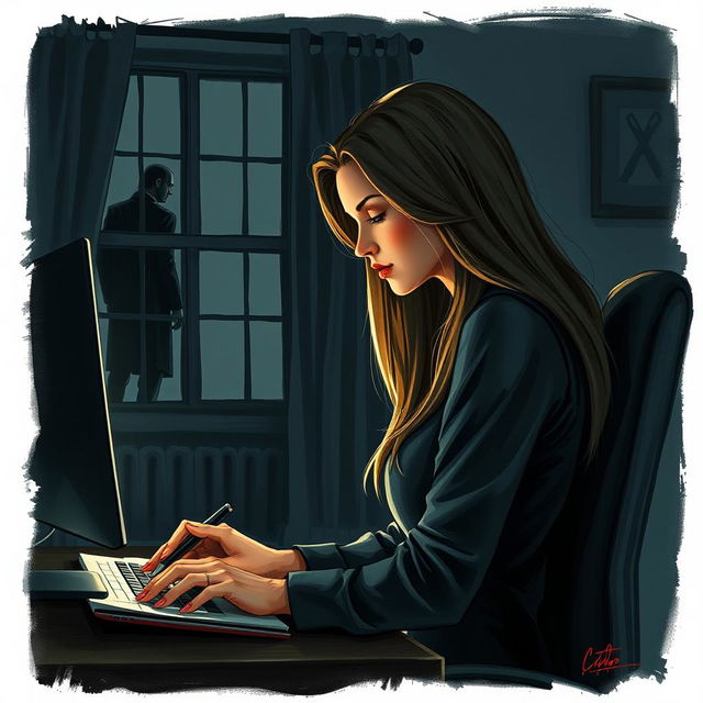 A beautiful woman, the writer, is seated at her work desk with a computer, depicted in a partially profile view, intensely focused on her work