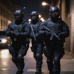 A well-equipped SWAT team in tactical gear, readying for a mission in a dimly-lit urban environment.