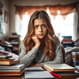 A concerned teenage girl around the age of 15, with long hair styled in loose waves, sitting at a desk cluttered with school books and notebooks