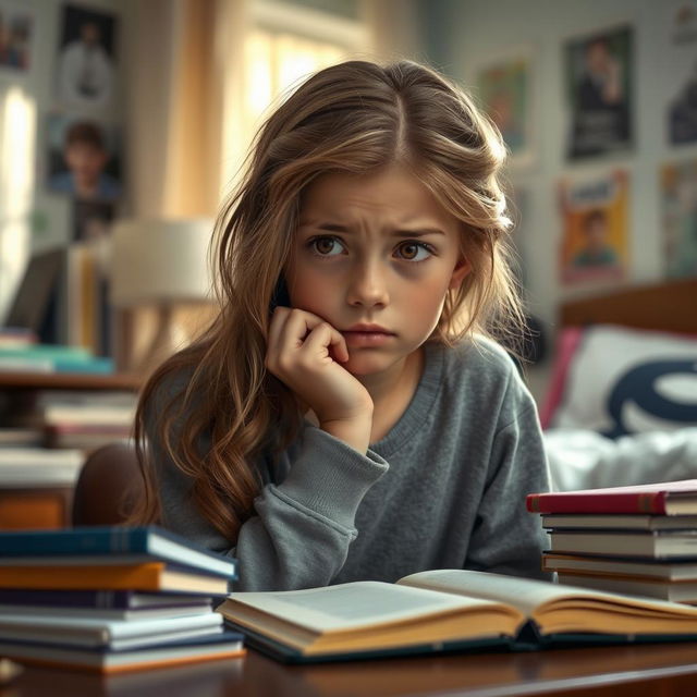 A concerned teenage girl around the age of 15, with long hair styled in loose waves, sitting at a desk cluttered with school books and notebooks