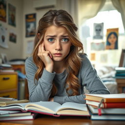 A concerned teenage girl around the age of 15, with long hair styled in loose waves, sitting at a desk cluttered with school books and notebooks