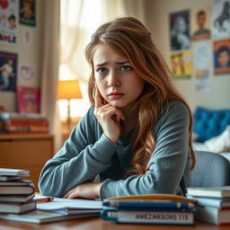 A concerned teenage girl around the age of 15, with long hair styled in loose waves, sitting at a desk cluttered with school books and notebooks