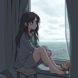 A melancholic 15-year-old girl sitting on a windowsill, gazing out in deep thought