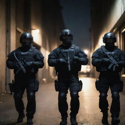 A well-equipped SWAT team in tactical gear, readying for a mission in a dimly-lit urban environment.