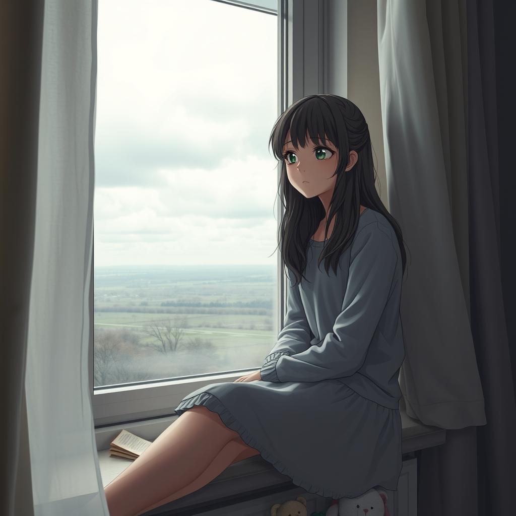 A melancholic 15-year-old girl sitting on a windowsill, gazing out in deep thought