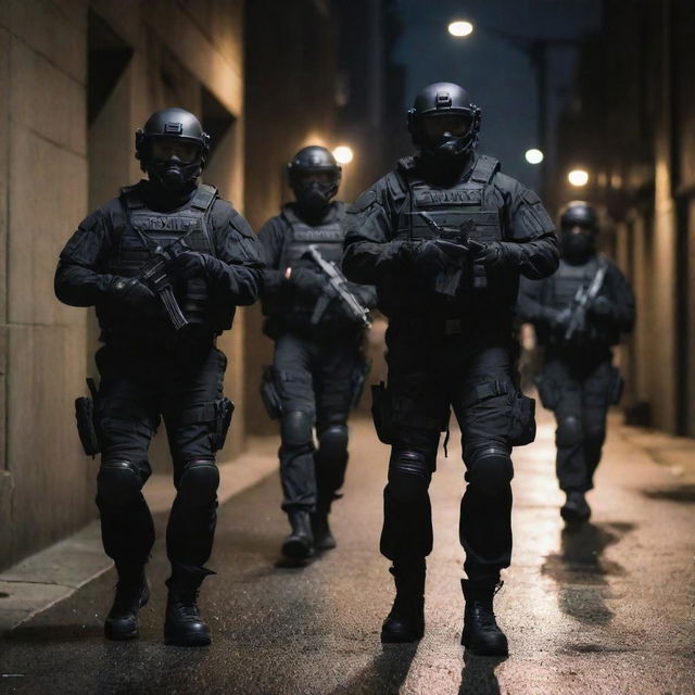 A well-equipped SWAT team in tactical gear, readying for a mission in a dimly-lit urban environment.