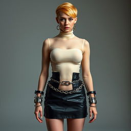 A striking photo of a full-body portrait featuring a confident young woman with light orange short hair