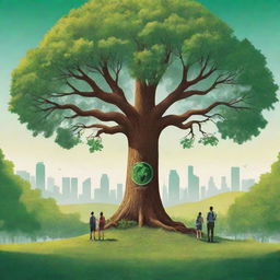 Construct a high-definition, vibrant environmental poster with a large central tree. Modern-stylized individuals, some backpacking, act as guardians, set slightly distant with backs turned. Amid a distant skyline, an expansive, intensely green landscape dominates, accentuating the harmony between humanity and environment.